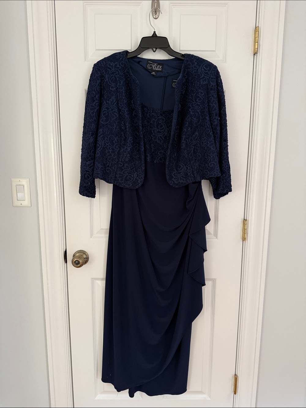 Alex Evenings Navy Lace Jacket with Draped Navy Dress